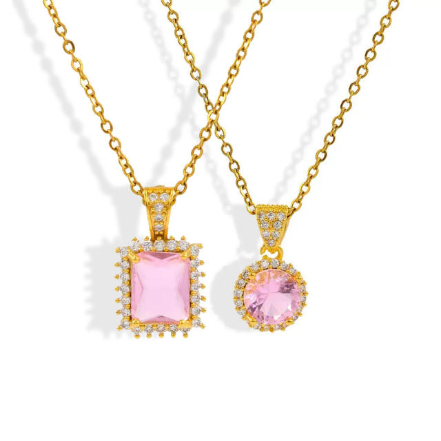 French-Style Romantic Pink Zircon Pendant stainless steel chain Necklace