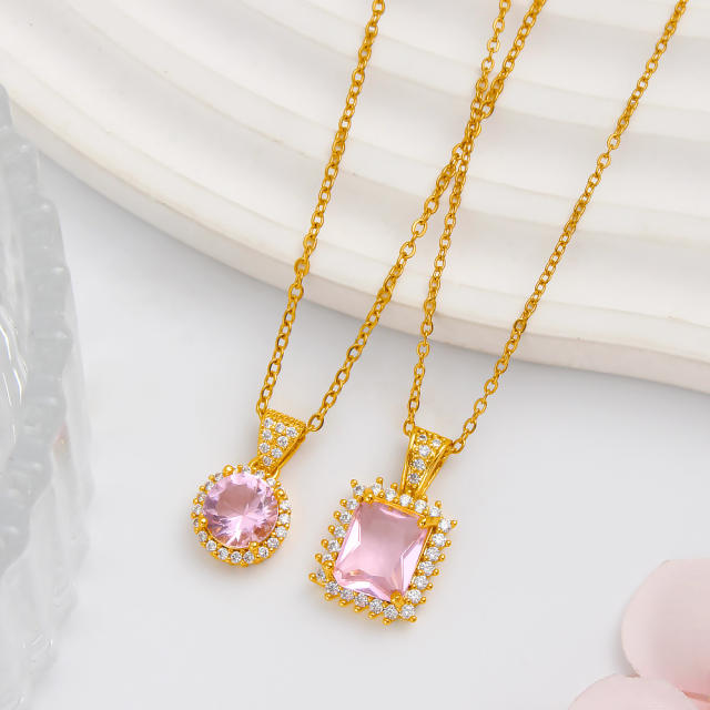 French-Style Romantic Pink Zircon Pendant stainless steel chain Necklace