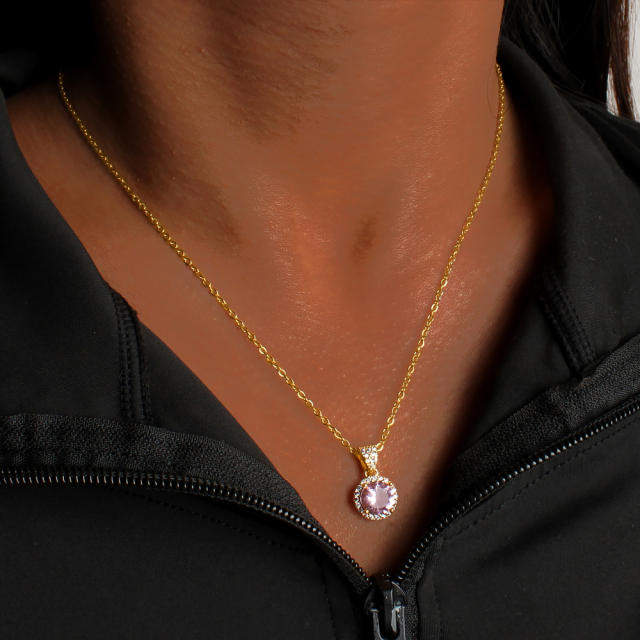 French-Style Romantic Pink Zircon Pendant stainless steel chain Necklace