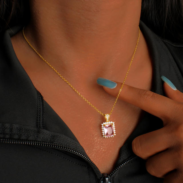 French-Style Romantic Pink Zircon Pendant stainless steel chain Necklace