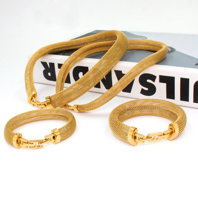 Stainless steel closed mesh collar bracelet chunky choker necklace set