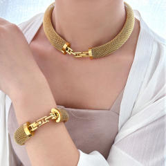 Stainless steel closed mesh collar bracelet chunky choker necklace set