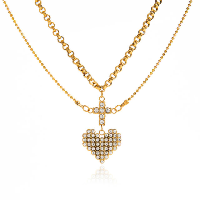 Romantic 18K Gold Stainless Steel Cross Heart Pendant with Diamonds layer necklace