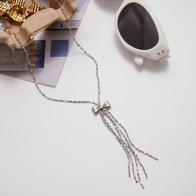 Silver color sweet bow chain tassel stainless steel necklace long necklace