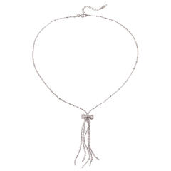 Silver color sweet bow chain tassel stainless steel necklace long necklace