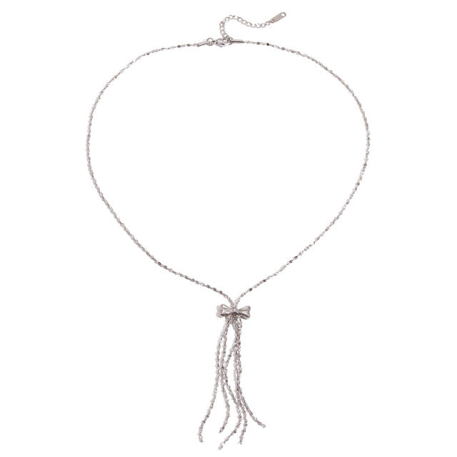 Silver color sweet bow chain tassel stainless steel necklace long necklace