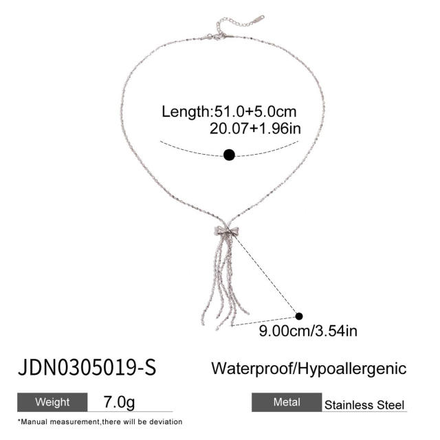 Silver color sweet bow chain tassel stainless steel necklace long necklace