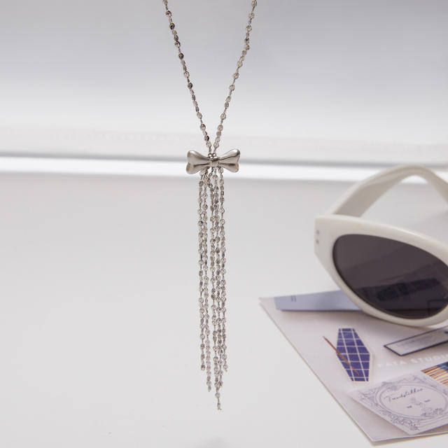 Silver color sweet bow chain tassel stainless steel necklace long necklace