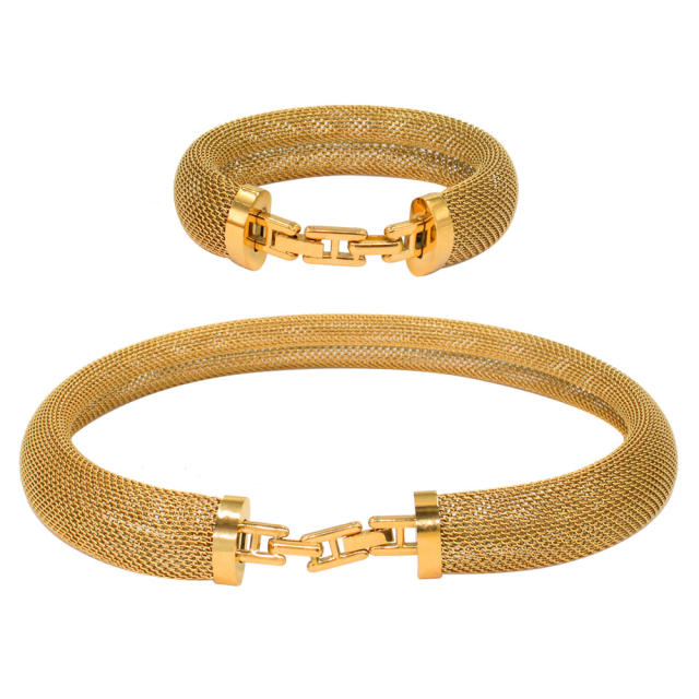 Stainless steel closed mesh collar bracelet chunky choker necklace set