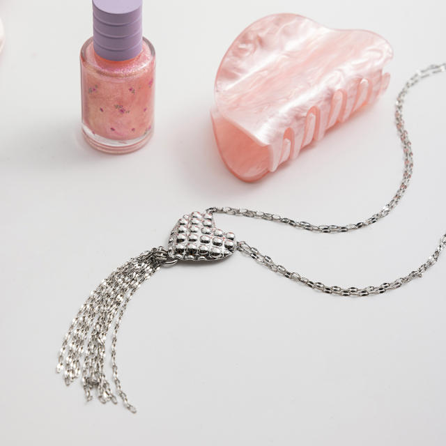 Silver color unique heart chain tassel stainless steel necklace long necklace