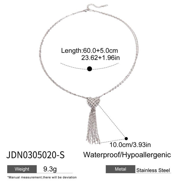 Silver color unique heart chain tassel stainless steel necklace long necklace