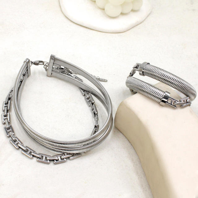 Creative Personality Multi-layer Stacked Wear Necklace Bracelet Stainless Steel chain choker necklace bracelet set