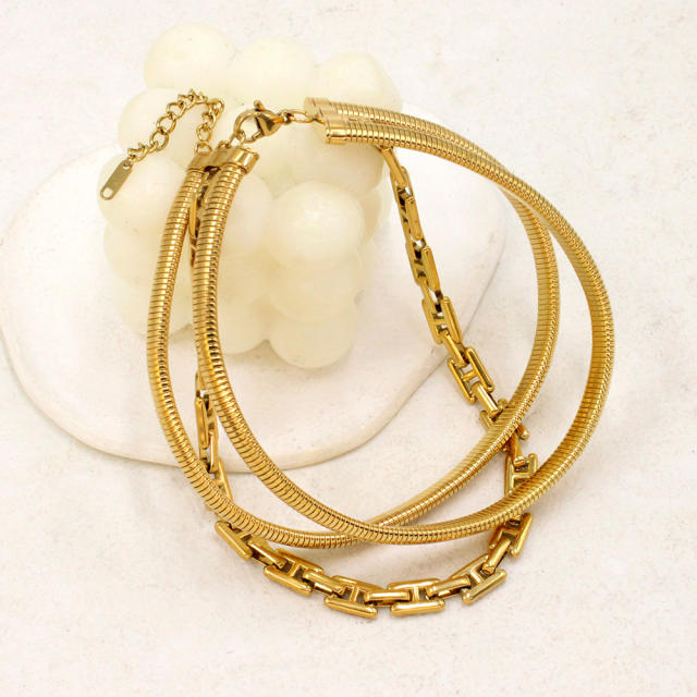 Creative Personality Multi-layer Stacked Wear Necklace Bracelet Stainless Steel chain choker necklace bracelet set