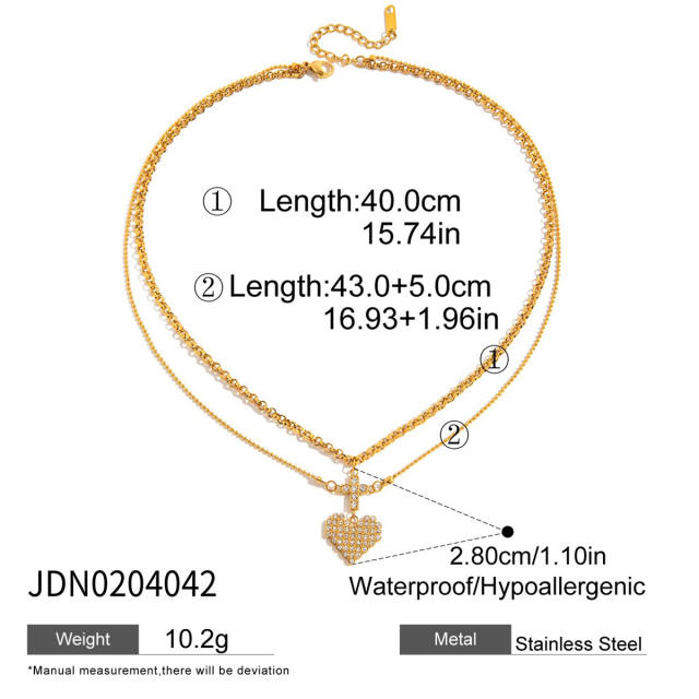 Romantic 18K Gold Stainless Steel Cross Heart Pendant with Diamonds layer necklace
