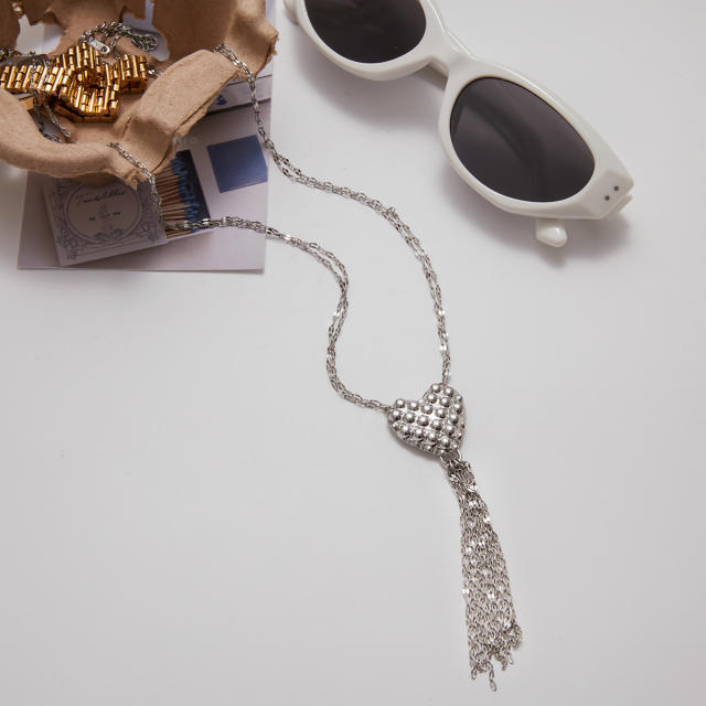 Silver color unique heart chain tassel stainless steel necklace long necklace