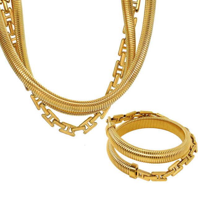 Creative Personality Multi-layer Stacked Wear Necklace Bracelet Stainless Steel chain choker necklace bracelet set
