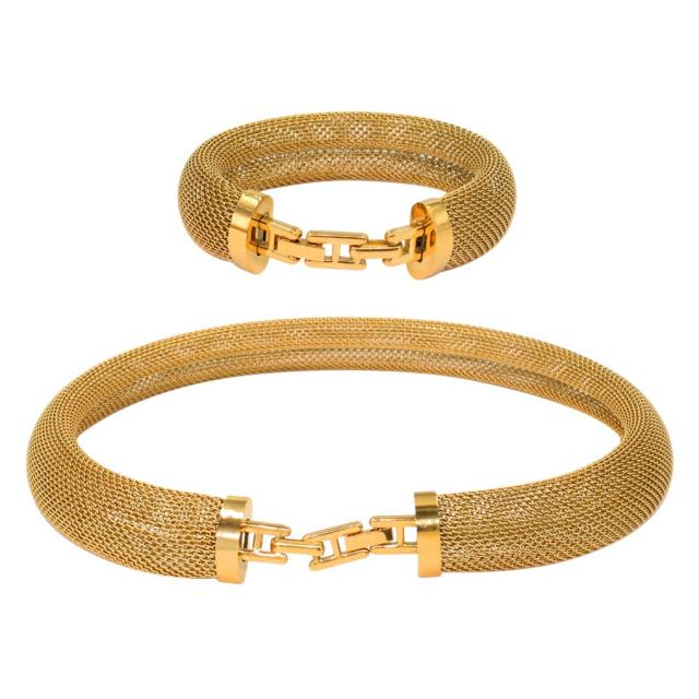 Stainless steel closed mesh collar bracelet chunky choker necklace set
