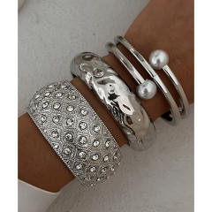 Exaggerated fashion pearl Joker bangle female personality diamond alloy bangle set