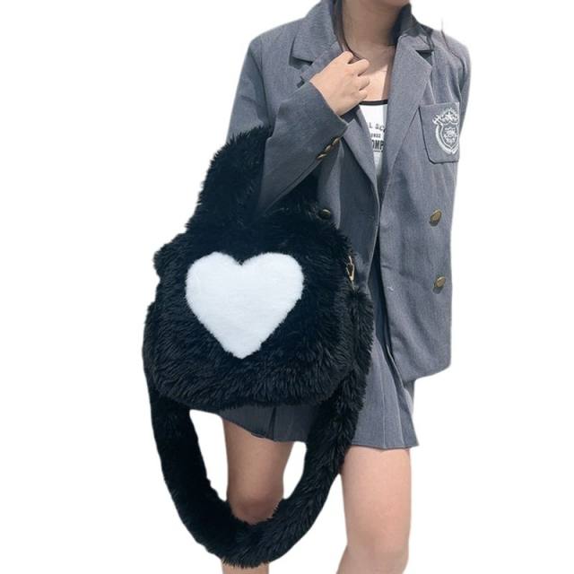 Foreign Trade 2025 New Furry Bag Women's Heart-Shaped Pattern Large-Capacity Plush Tote Bag