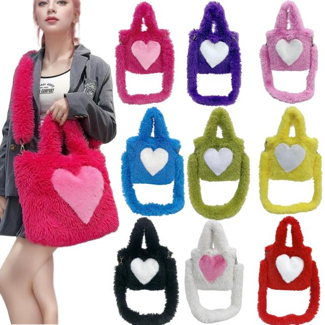 Foreign Trade 2025 New Furry Bag Women's Heart-Shaped Pattern Large-Capacity Plush Tote Bag