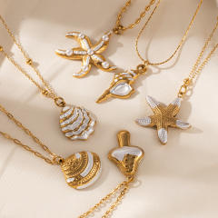 Ocean starfish shell conch pendant stainless steel necklace