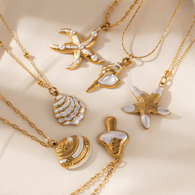 Ocean starfish shell conch pendant stainless steel necklace