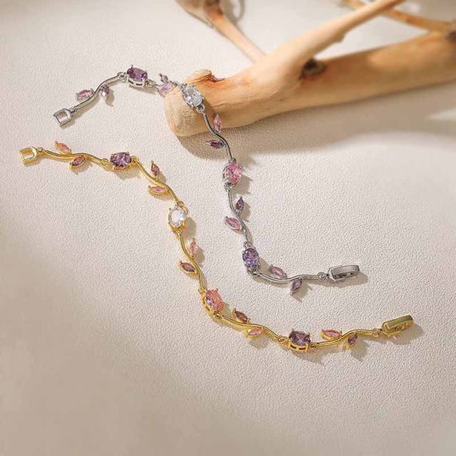 Copper Inlaid Colored Diamonds Branches Leaves bracelet