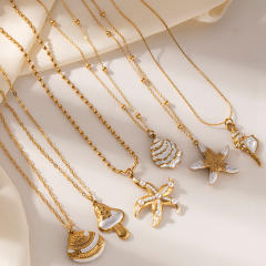 Ocean starfish shell conch pendant stainless steel necklace