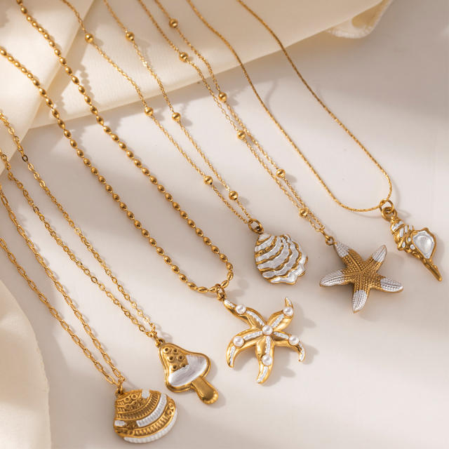 Ocean starfish shell conch pendant stainless steel necklace