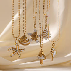 Ocean starfish shell conch pendant stainless steel necklace