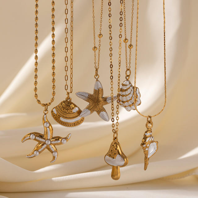 Ocean starfish shell conch pendant stainless steel necklace