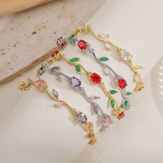 Copper Inlaid Colored Diamonds Branches Leaves bracelet
