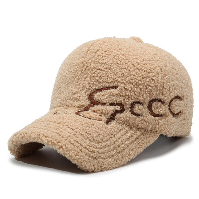 Korean Style Embroidered Letter Baseball Cap Women's Autumn Winter Faux Lamb Wool Warm Cap
