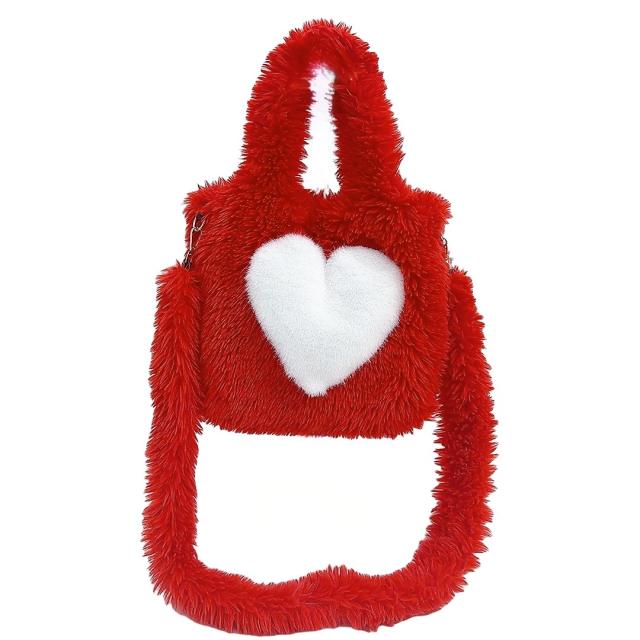 Foreign Trade 2025 New Furry Bag Women's Heart-Shaped Pattern Large-Capacity Plush Tote Bag