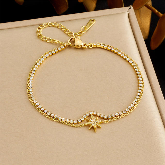 Delicate tennis chain diamond star two layer stainless steel bracelet