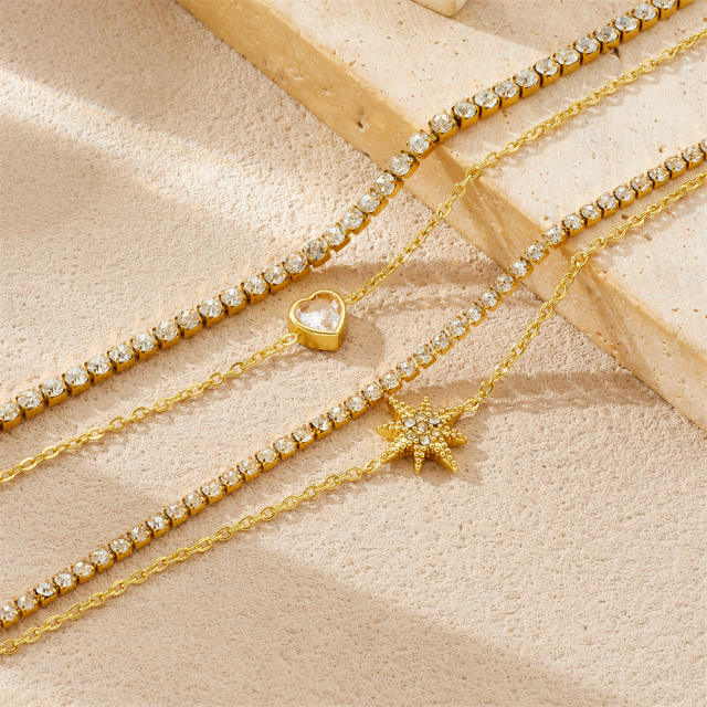 Delicate tennis chain diamond star two layer stainless steel bracelet