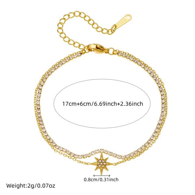 Delicate tennis chain diamond star two layer stainless steel bracelet