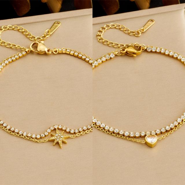 Delicate tennis chain diamond star two layer stainless steel bracelet