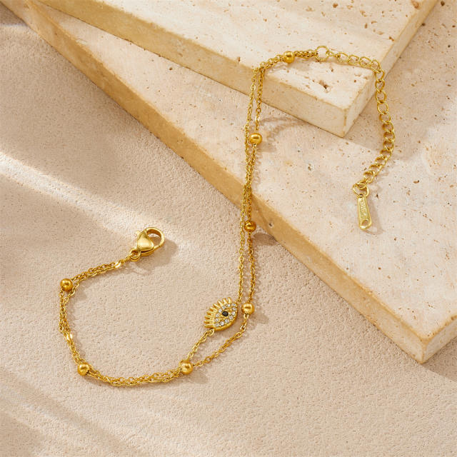 Dainty two layer diamond evil eye stainless steel bracelet