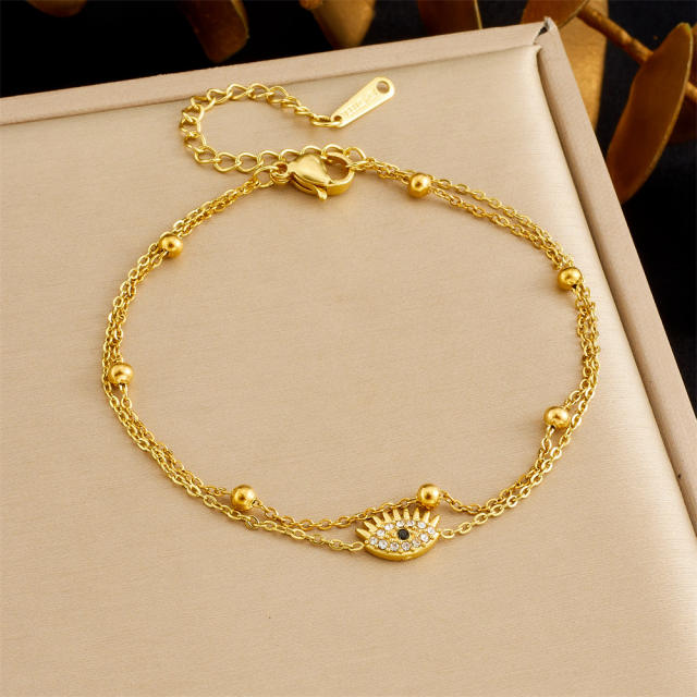 Dainty two layer diamond evil eye stainless steel bracelet