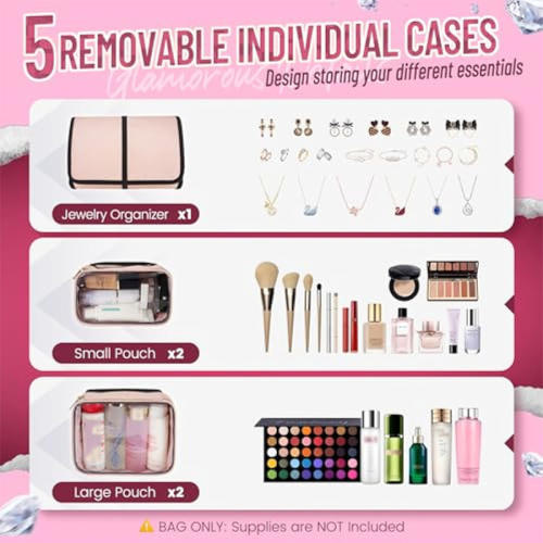 Travel Cosmetic Bag Organizer 4 Removable Boxes 1 Jewelry Organizer Roll Multiple Storage Bags Cosmetic Bag