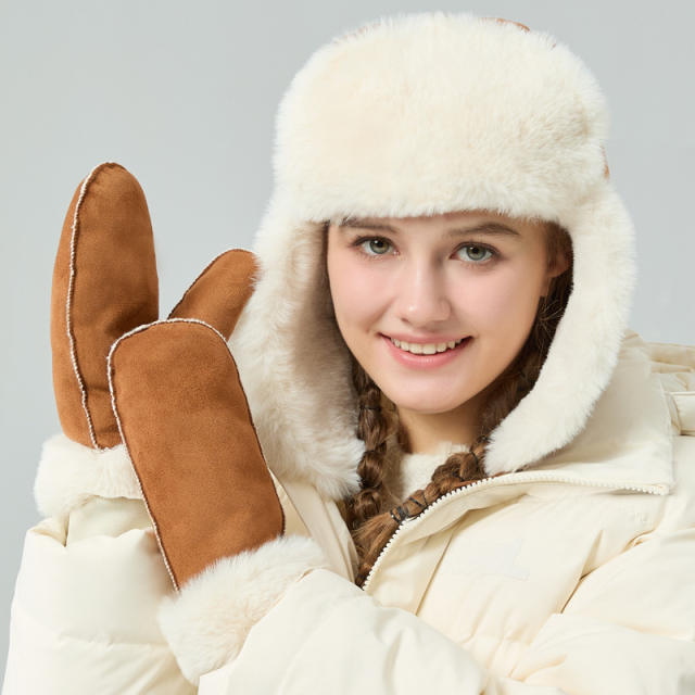 Autumn Winter Suede Hat Plush Thickened Ear Protection Hat Warm Rabbit Fur Gloves Outdoor Cold Protection suit