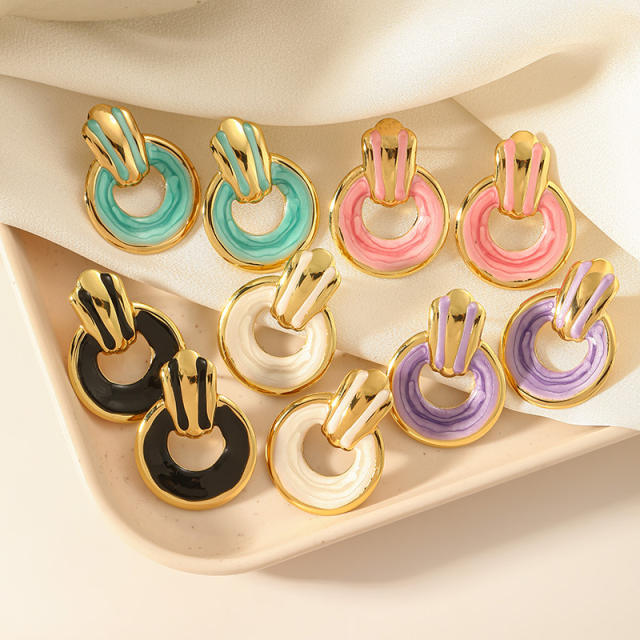 Geometric color enamel circle stainless steel earrings