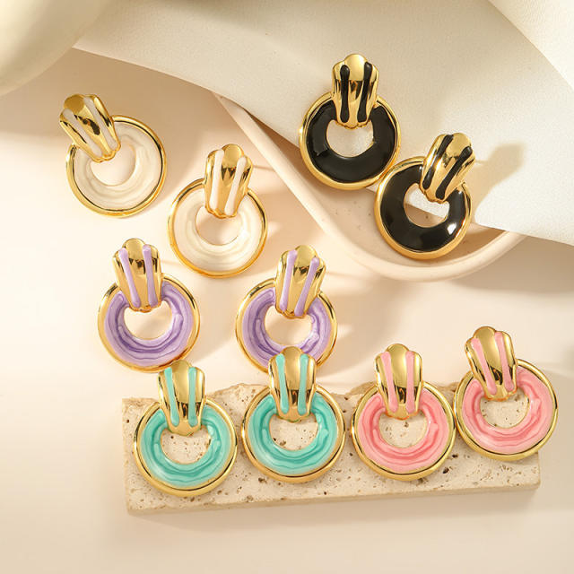 Geometric color enamel circle stainless steel earrings