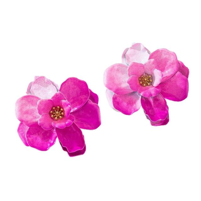 Elegant gradient pink green flower three-dimensional petal earrings
