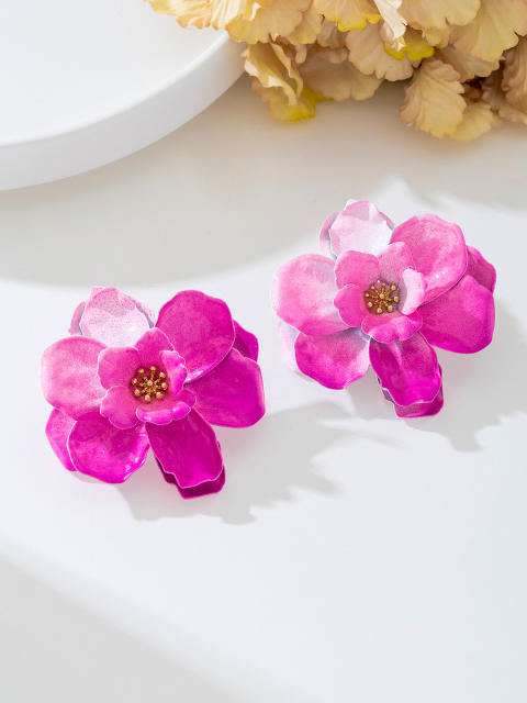 Elegant gradient pink green flower three-dimensional petal earrings