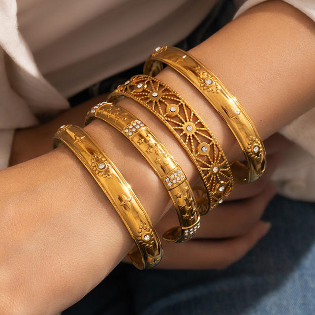 Gold plated hollow out design stainless steel bangle bracelet