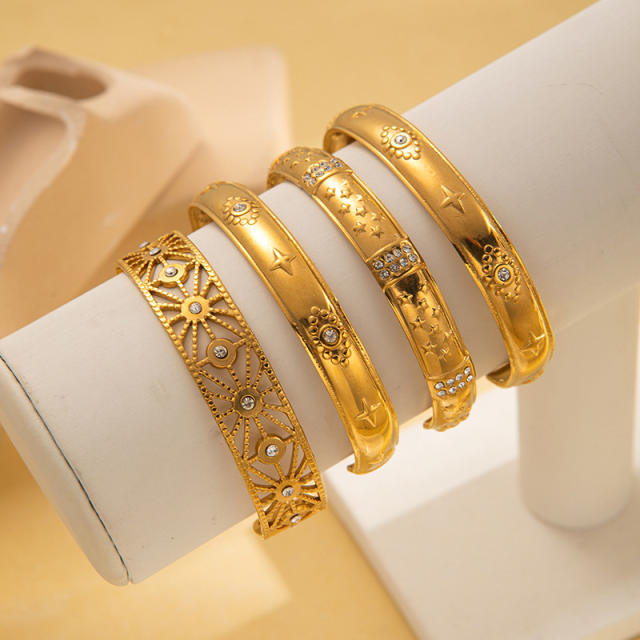 Gold plated hollow out design stainless steel bangle bracelet