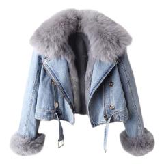 Autumn winter New detachable faux fox fur rabbit fur liner Denim coat