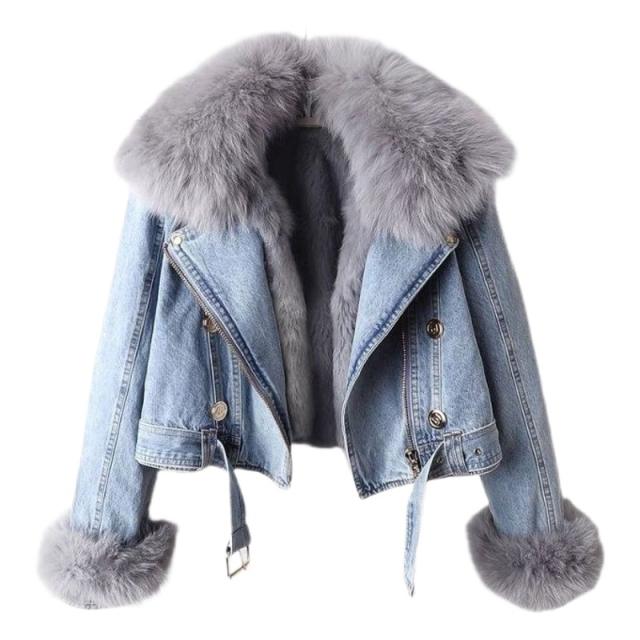 Autumn winter New detachable faux fox fur rabbit fur liner Denim coat